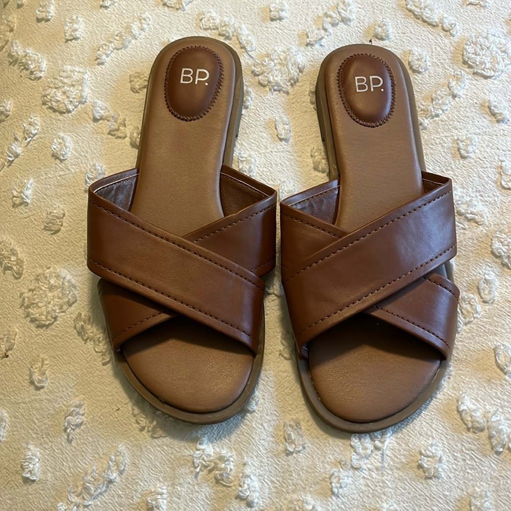 BP Nordstrom brown leather cross slides